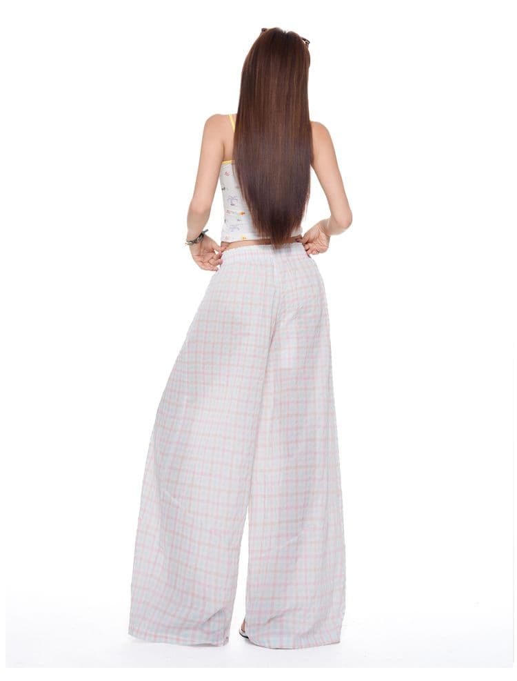 느긋한 바람 핑크색 체크무늬 패치워크 더블 허리 머리 와이드 레깅스 바지 허리밴드 슬림해 보이는 스트레이트 캐주얼 바지 상세 이미지 12