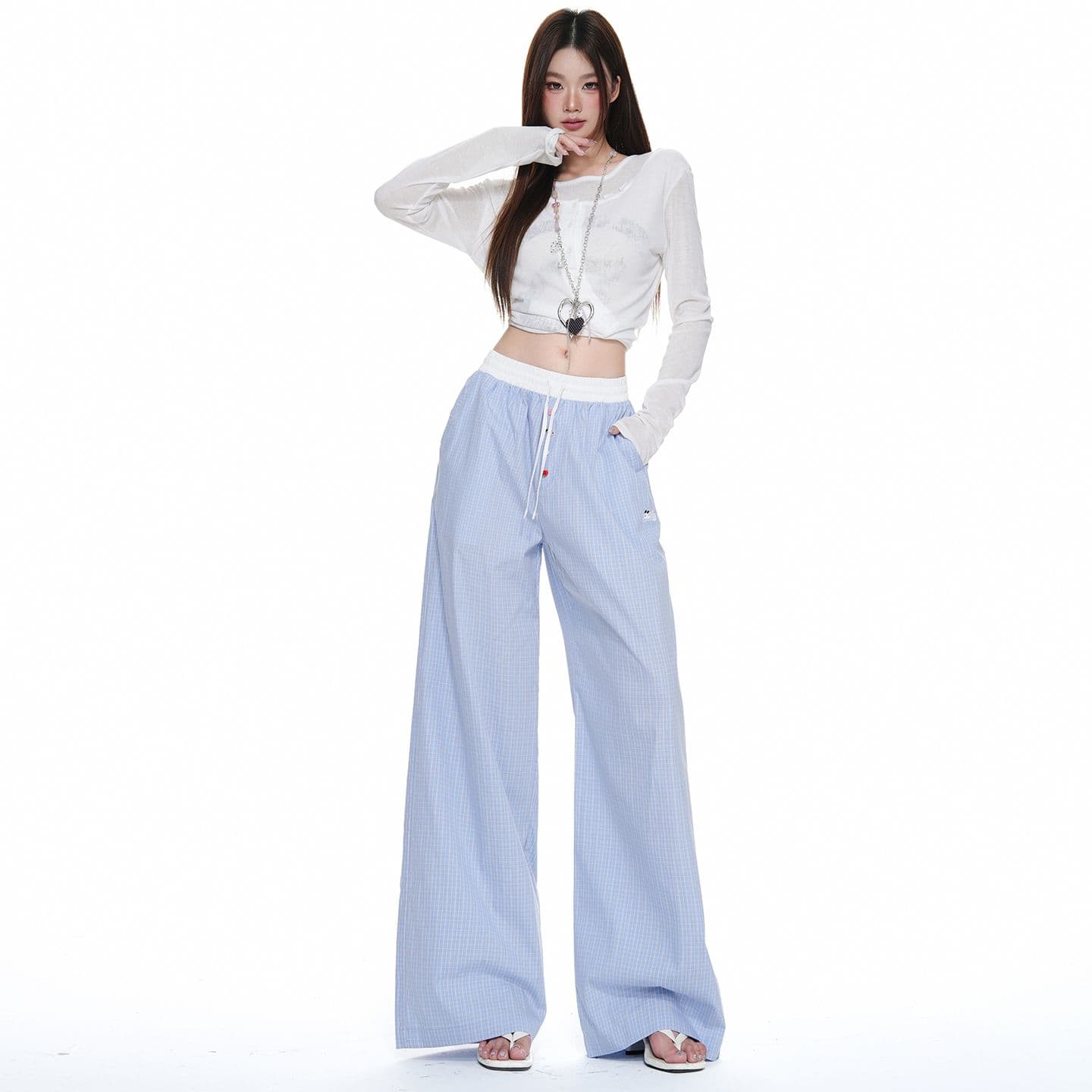 하늘색 체크무늬 넓은 다리 캐주얼 바지 여성 배색 허리밴드 루즈핏 도루 센스 스트레이트 바닥 청소 바지 이미지 3
