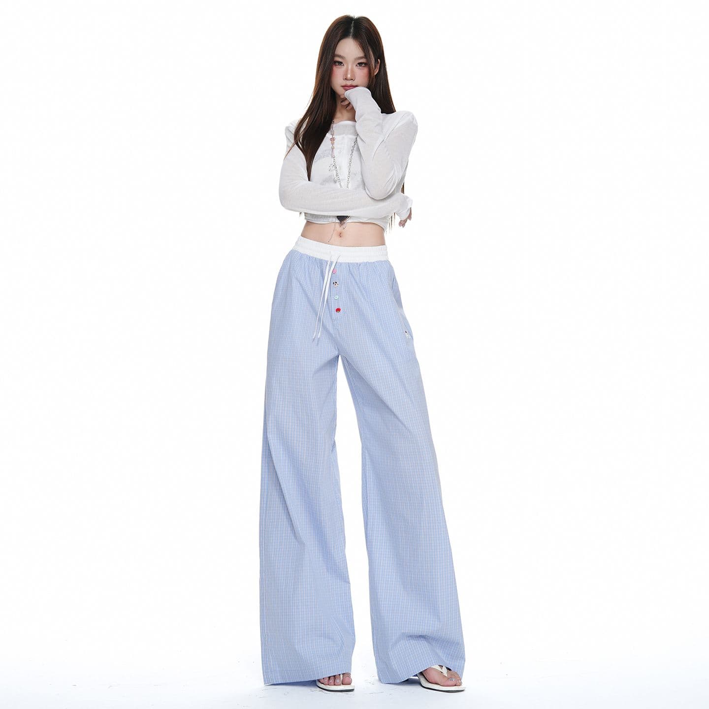 하늘색 체크무늬 넓은 다리 캐주얼 바지 여성 배색 허리밴드 루즈핏 도루 센스 스트레이트 바닥 청소 바지 이미지 5