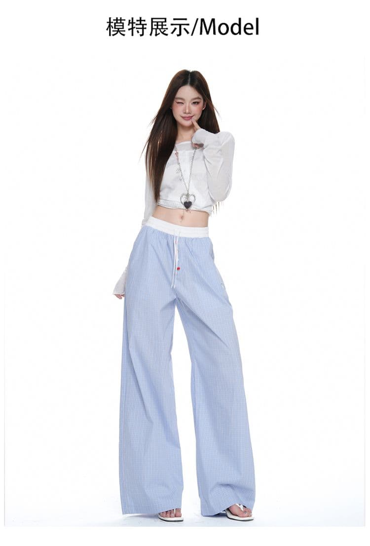 하늘색 체크무늬 넓은 다리 캐주얼 바지 여성 배색 허리밴드 루즈핏 도루 센스 스트레이트 바닥 청소 바지 상세 이미지 7