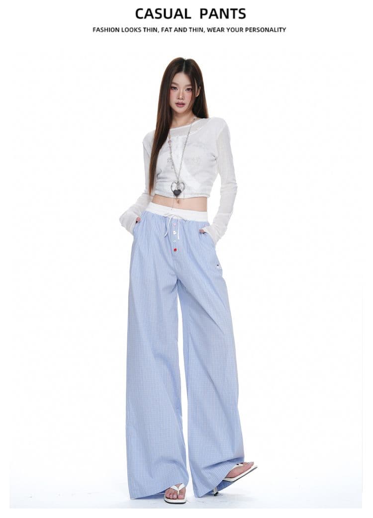 하늘색 체크무늬 넓은 다리 캐주얼 바지 여성 배색 허리밴드 루즈핏 도루 센스 스트레이트 바닥 청소 바지 상세 이미지 9
