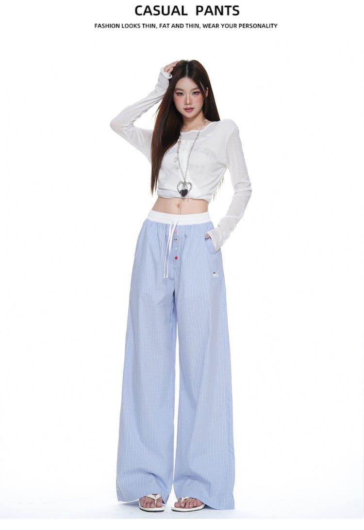 하늘색 체크무늬 넓은 다리 캐주얼 바지 여성 배색 허리밴드 루즈핏 도루 센스 스트레이트 바닥 청소 바지 상세 이미지 12