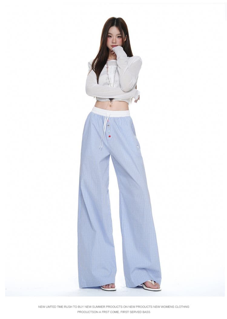 하늘색 체크무늬 넓은 다리 캐주얼 바지 여성 배색 허리밴드 루즈핏 도루 센스 스트레이트 바닥 청소 바지 상세 이미지 13