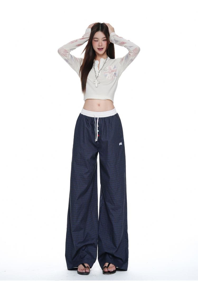 하늘색 체크무늬 넓은 다리 캐주얼 바지 여성 배색 허리밴드 루즈핏 도루 센스 스트레이트 바닥 청소 바지 상세 이미지 23