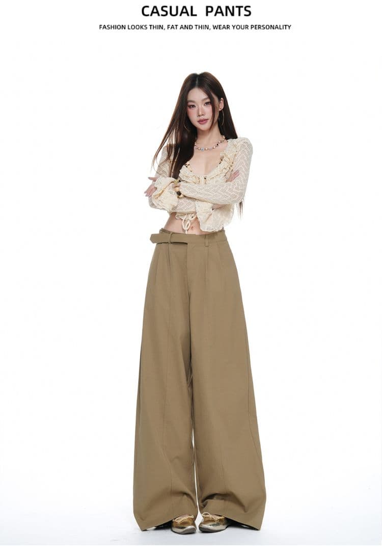레트로 카키 색 하이웨이스트 미니멀리즘 넓은 다리 캐주얼 바지 여성 한 부서 새로운 도루 센스 다용도 루즈핏 정장 바지 상세 이미지 12
