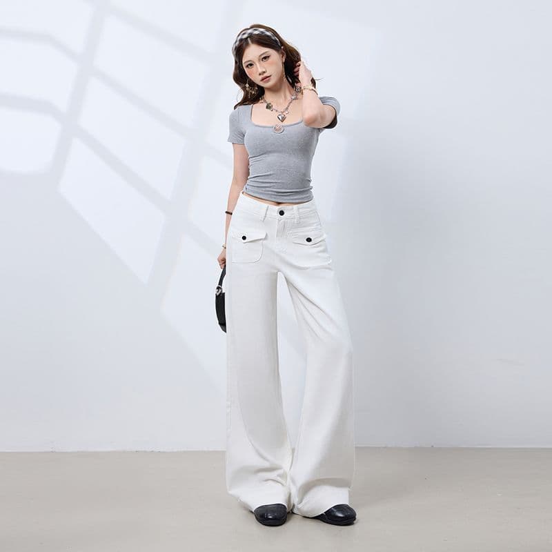 플립 커버 주머니 디자인 화이트 루즈핏 캐주얼 바지 스트레이트 넓은 다리 청바지 여성 이미지 4