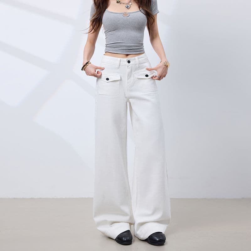 플립 커버 주머니 디자인 화이트 루즈핏 캐주얼 바지 스트레이트 넓은 다리 청바지 여성 이미지 5