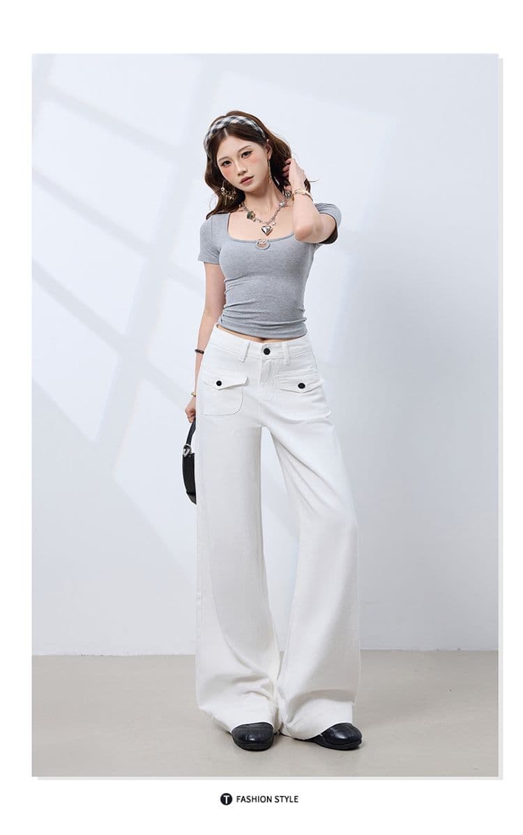 플립 커버 주머니 디자인 화이트 루즈핏 캐주얼 바지 스트레이트 넓은 다리 청바지 여성 상세 이미지 6