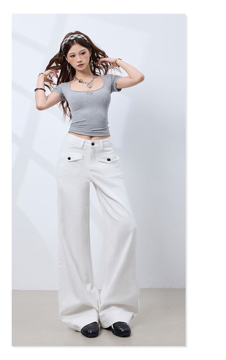 플립 커버 주머니 디자인 화이트 루즈핏 캐주얼 바지 스트레이트 넓은 다리 청바지 여성 상세 이미지 10