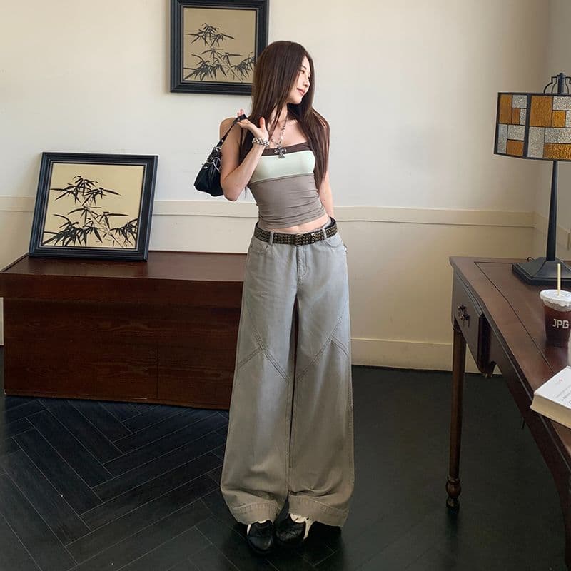 아메리칸 느슨함 분할 자르기 순면 중간 허리 워크웨어 기능 루즈핏 캐주얼 바지 여성 이미지 5