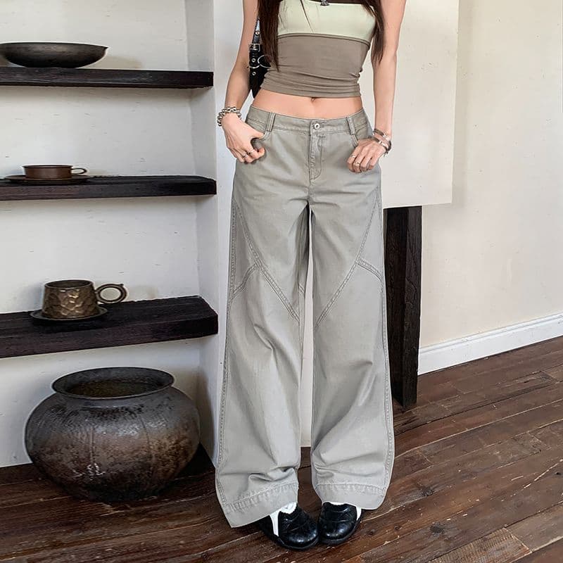 아메리칸 느슨함 분할 자르기 순면 중간 허리 워크웨어 기능 루즈핏 캐주얼 바지 여성 이미지 6
