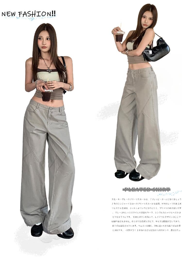 아메리칸 느슨함 분할 자르기 순면 중간 허리 워크웨어 기능 루즈핏 캐주얼 바지 여성 상세 이미지 1