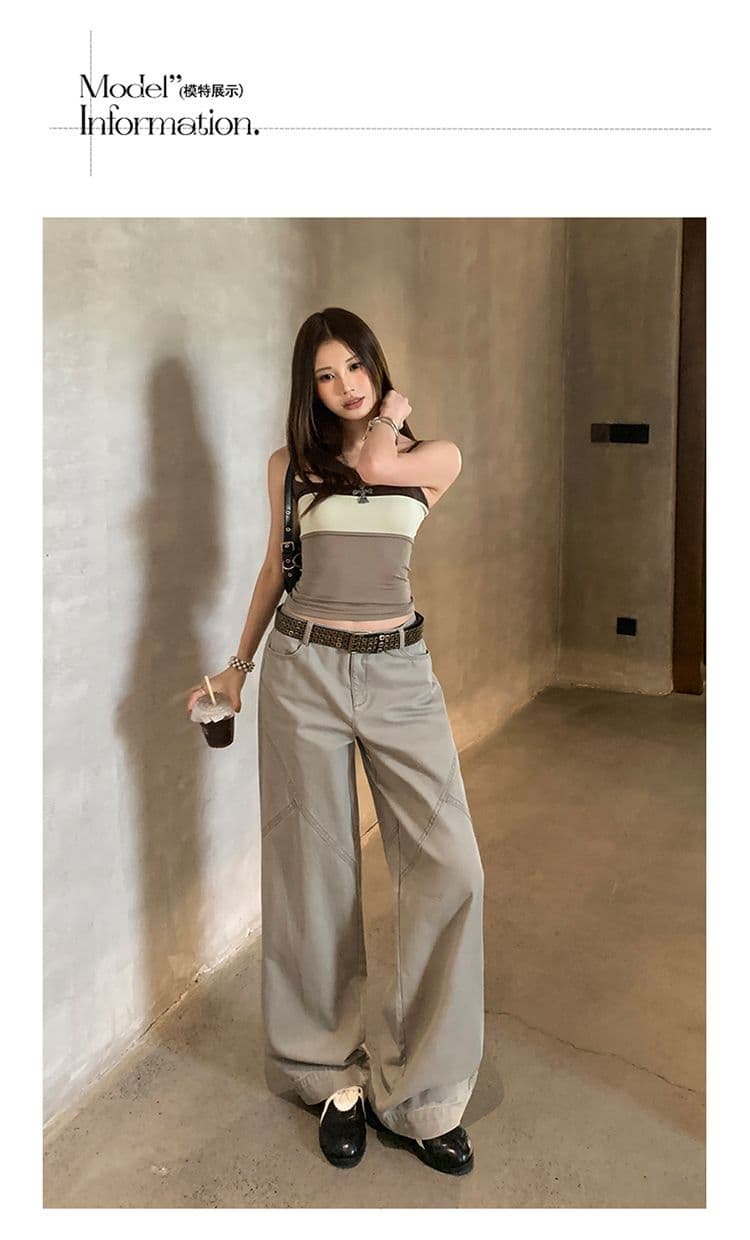 아메리칸 느슨함 분할 자르기 순면 중간 허리 워크웨어 기능 루즈핏 캐주얼 바지 여성 상세 이미지 5