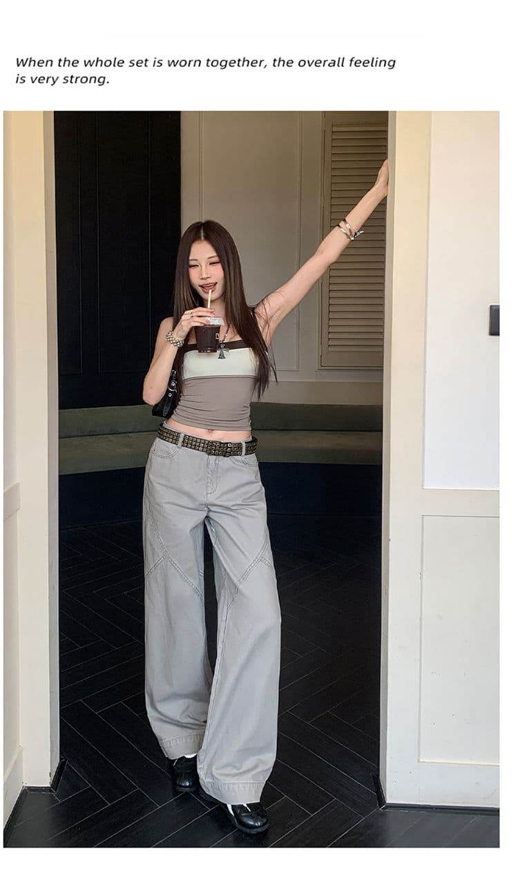 아메리칸 느슨함 분할 자르기 순면 중간 허리 워크웨어 기능 루즈핏 캐주얼 바지 여성 상세 이미지 7