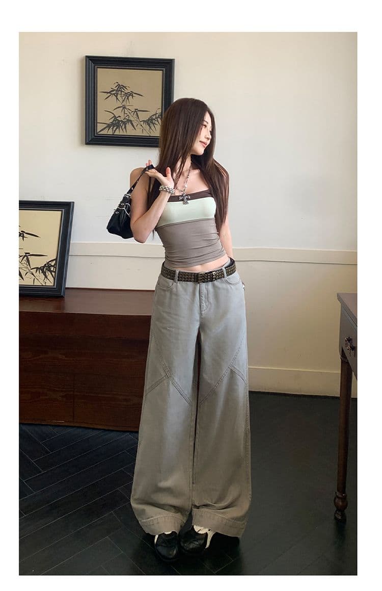 아메리칸 느슨함 분할 자르기 순면 중간 허리 워크웨어 기능 루즈핏 캐주얼 바지 여성 상세 이미지 10