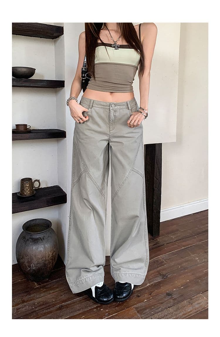 아메리칸 느슨함 분할 자르기 순면 중간 허리 워크웨어 기능 루즈핏 캐주얼 바지 여성 상세 이미지 14