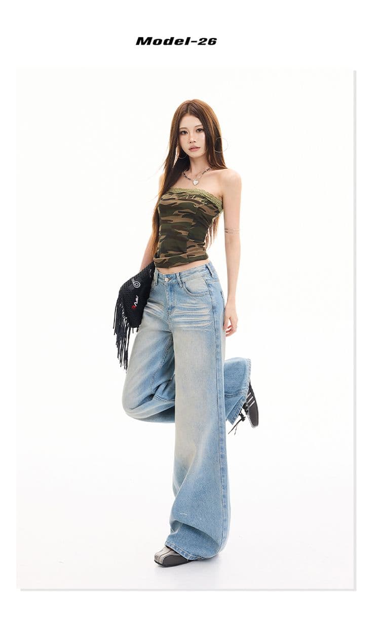 워싱 안개 안개 블루 무거운 공예 워시 물 주름 마 오래된 스트레이트 청바지 여성 바닥 청소 바지 상세 이미지 5