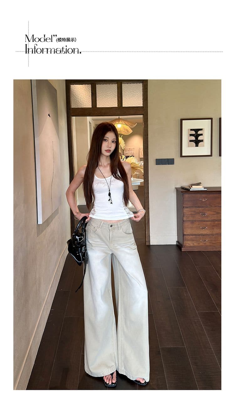 얕은 카키 색 맞춤 염색 워싱 로우 웨이스트 루즈핏 넓은 다리 청바지 여성 얇은 스타일 상세 이미지 5