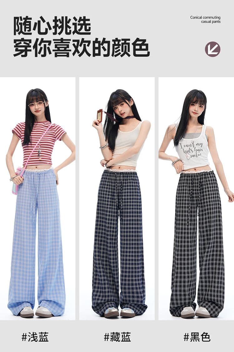 신제품 26 년 여름 새로운 체크무늬 레이스 레이스 펌프 로프 루즈핏 좁은 에디션 와이드 레그 팬츠 얇은 재료 캐주얼 바지 여성 상세 이미지 7