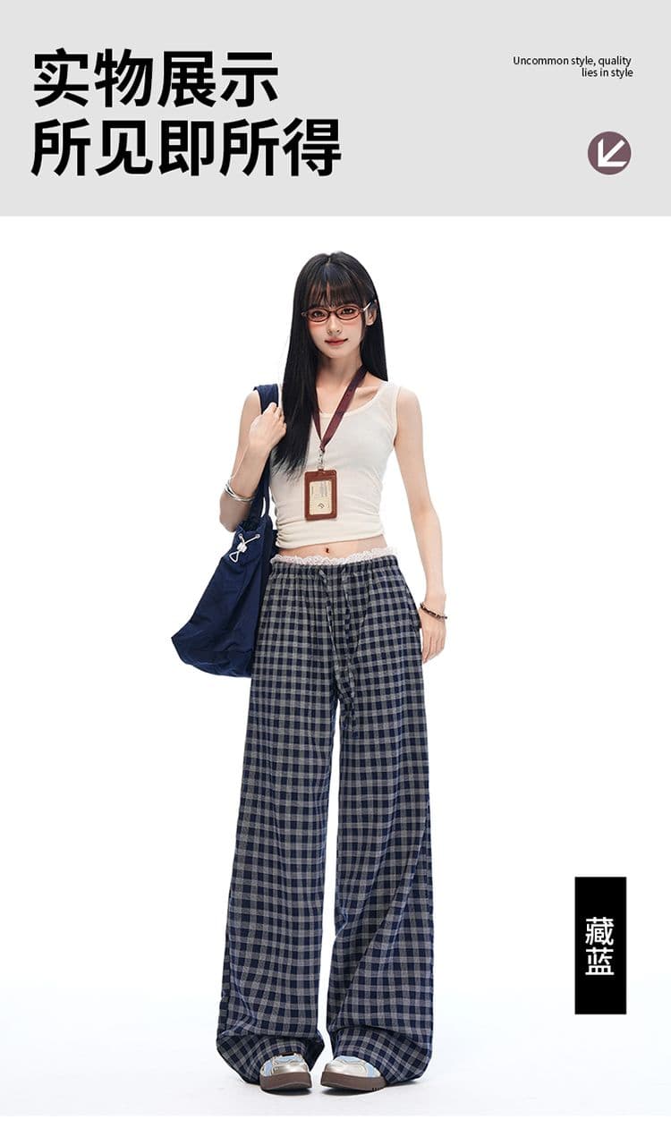 신제품 26 년 여름 새로운 체크무늬 레이스 레이스 펌프 로프 루즈핏 좁은 에디션 와이드 레그 팬츠 얇은 재료 캐주얼 바지 여성 상세 이미지 8