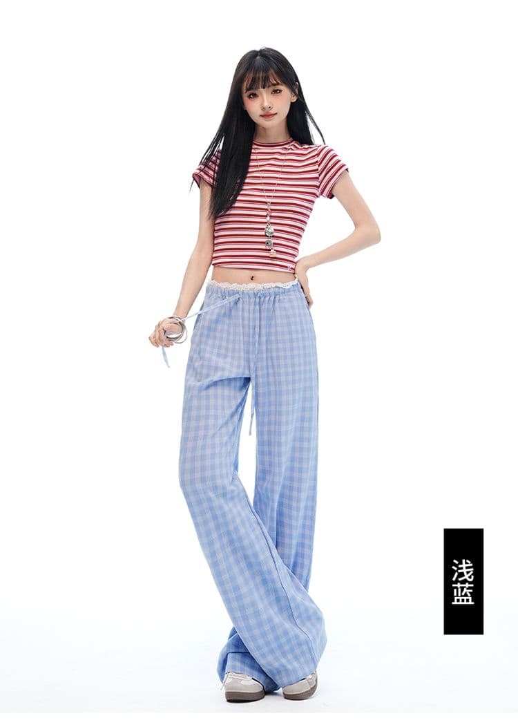 신제품 26 년 여름 새로운 체크무늬 레이스 레이스 펌프 로프 루즈핏 좁은 에디션 와이드 레그 팬츠 얇은 재료 캐주얼 바지 여성 상세 이미지 18