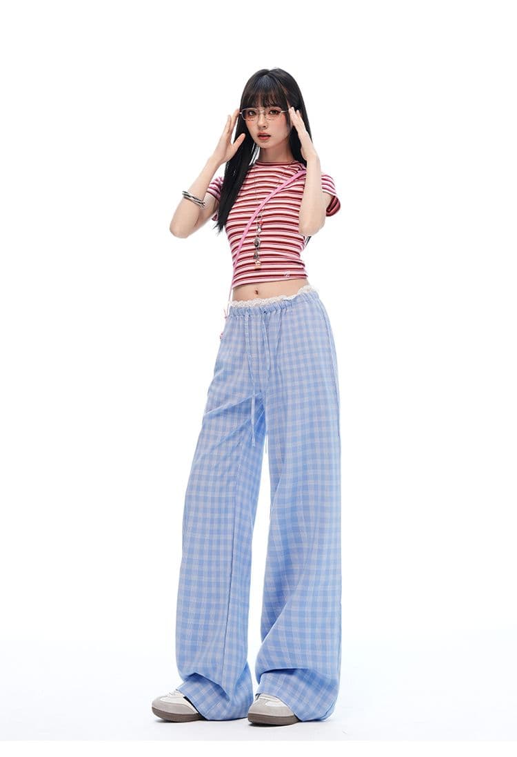 신제품 26 년 여름 새로운 체크무늬 레이스 레이스 펌프 로프 루즈핏 좁은 에디션 와이드 레그 팬츠 얇은 재료 캐주얼 바지 여성 상세 이미지 20