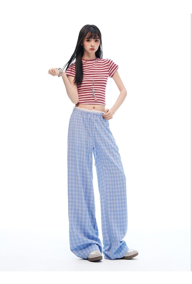 신제품 26 년 여름 새로운 체크무늬 레이스 레이스 펌프 로프 루즈핏 좁은 에디션 와이드 레그 팬츠 얇은 재료 캐주얼 바지 여성 상세 이미지 22