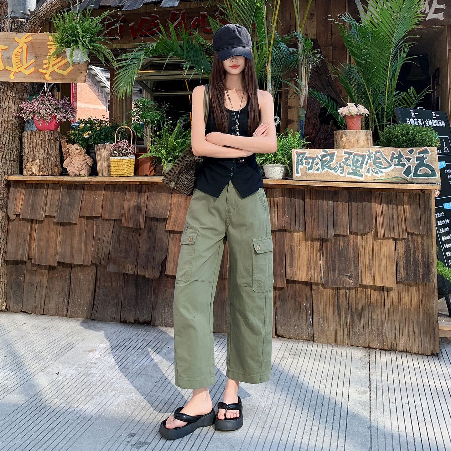 녹색 스트레이트 워크웨어 팬츠 데님 여성 2026 봄 여름 9 포인트 루즈핏 슬림해 보이는 와이드 레그 팬츠 아메리칸 작은 키 캐주얼