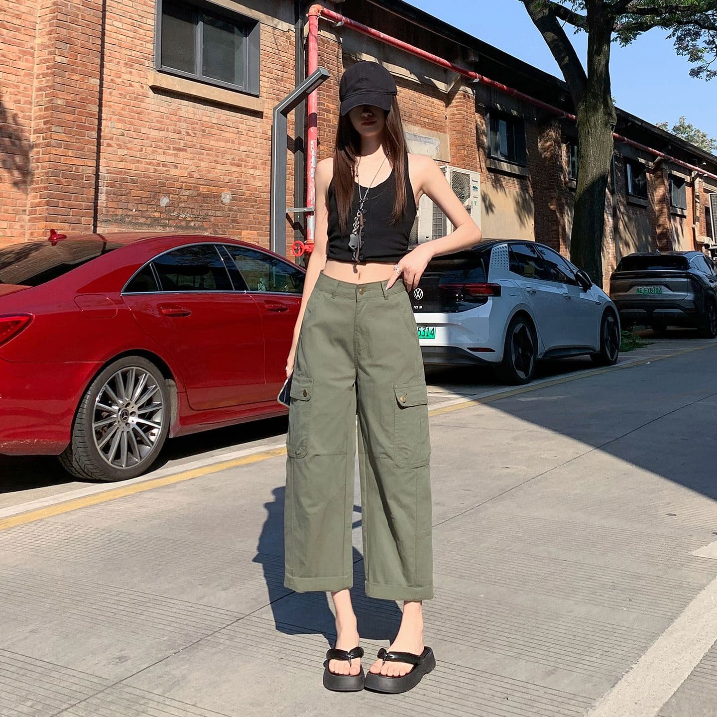 녹색 스트레이트 워크웨어 팬츠 데님 여성 2026 봄 여름 9 포인트 루즈핏 슬림해 보이는 와이드 레그 팬츠 아메리칸 작은 키 캐주얼 이미지 2
