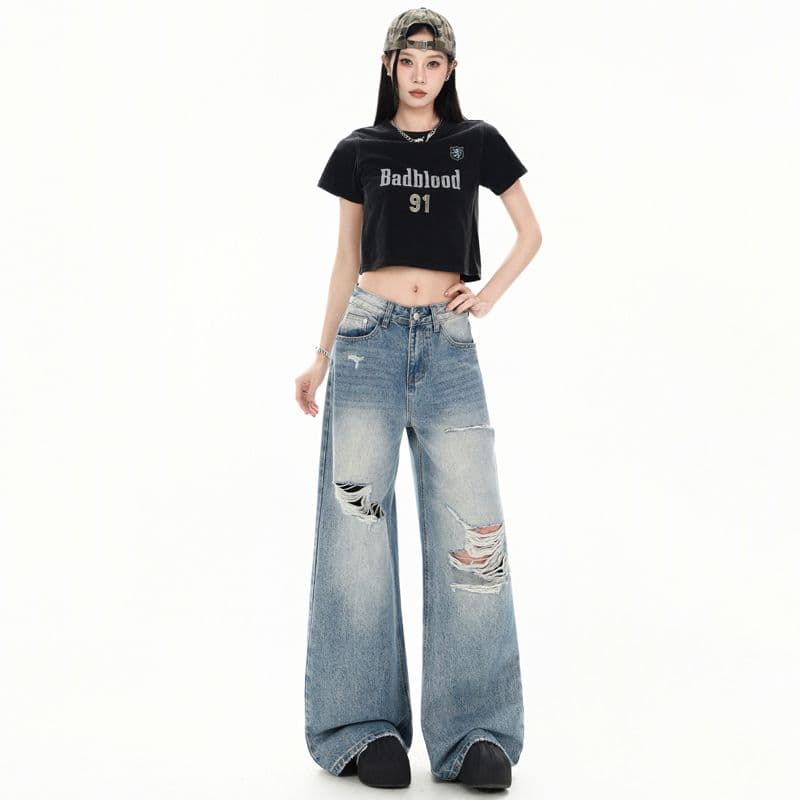 레트로 워싱 찢어진 부분 청바지 여성 루즈핏 워싱 스트레이트 팬츠 캐주얼 바닥 청소 바지 롱 바지 이미지 3