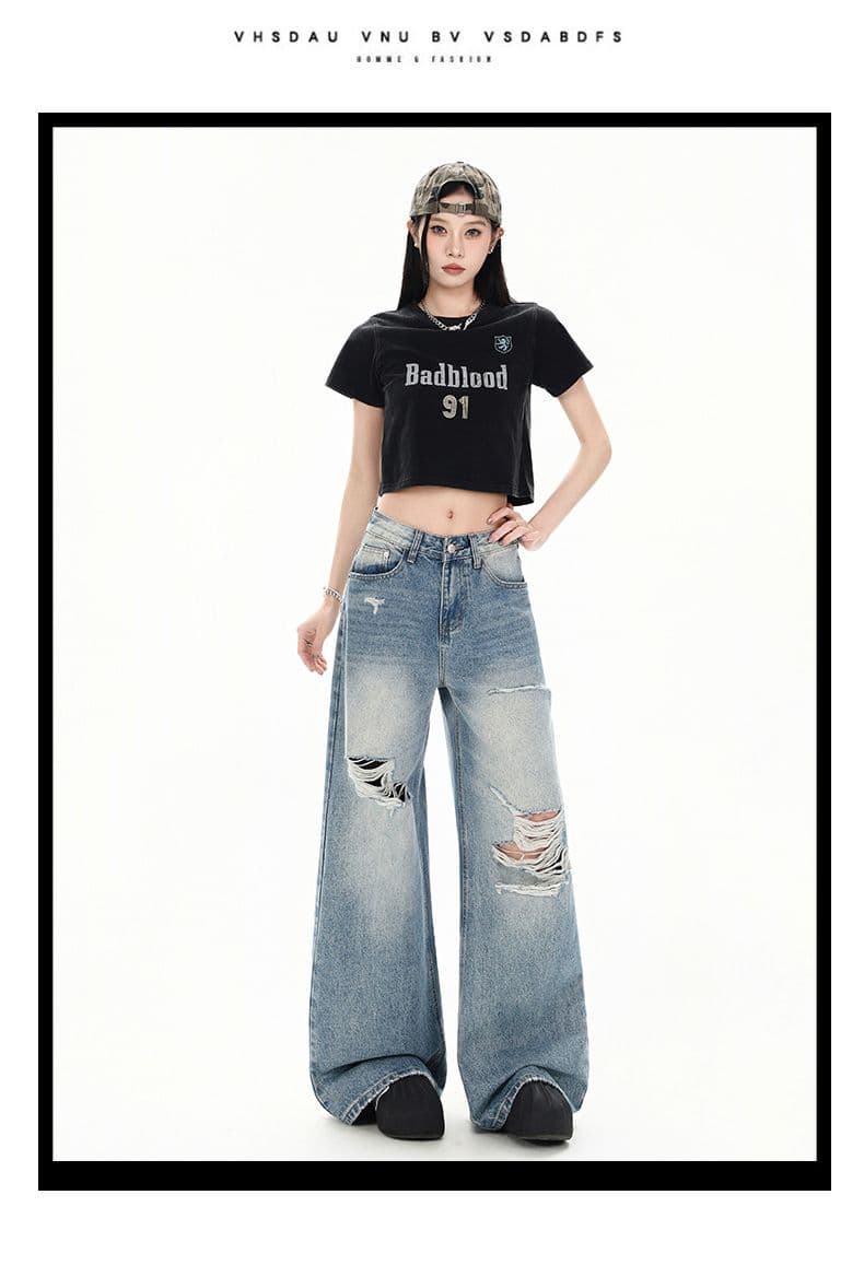 레트로 워싱 찢어진 부분 청바지 여성 루즈핏 워싱 스트레이트 팬츠 캐주얼 바닥 청소 바지 롱 바지 상세 이미지 5
