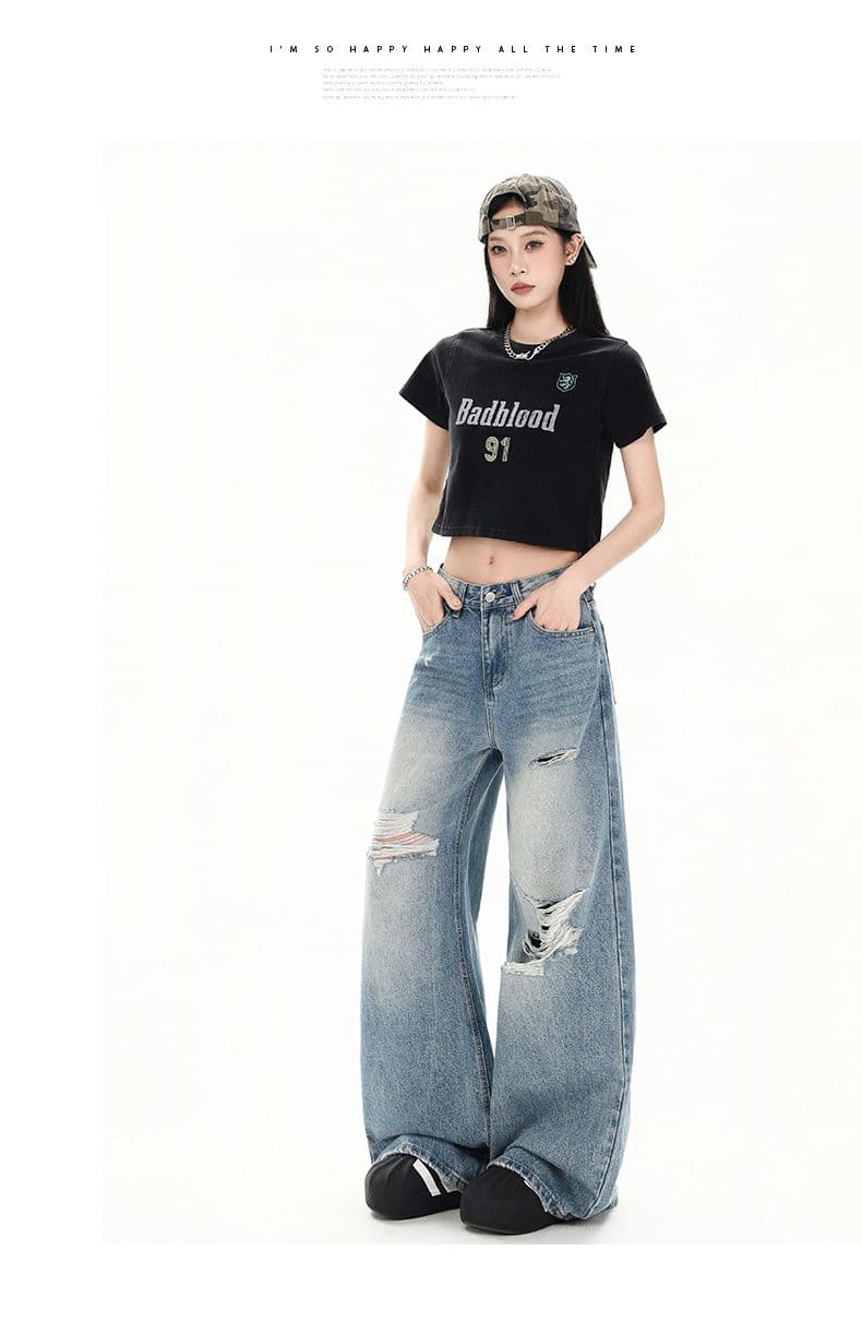 레트로 워싱 찢어진 부분 청바지 여성 루즈핏 워싱 스트레이트 팬츠 캐주얼 바닥 청소 바지 롱 바지 상세 이미지 8