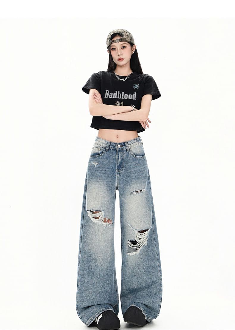 레트로 워싱 찢어진 부분 청바지 여성 루즈핏 워싱 스트레이트 팬츠 캐주얼 바닥 청소 바지 롱 바지 상세 이미지 10