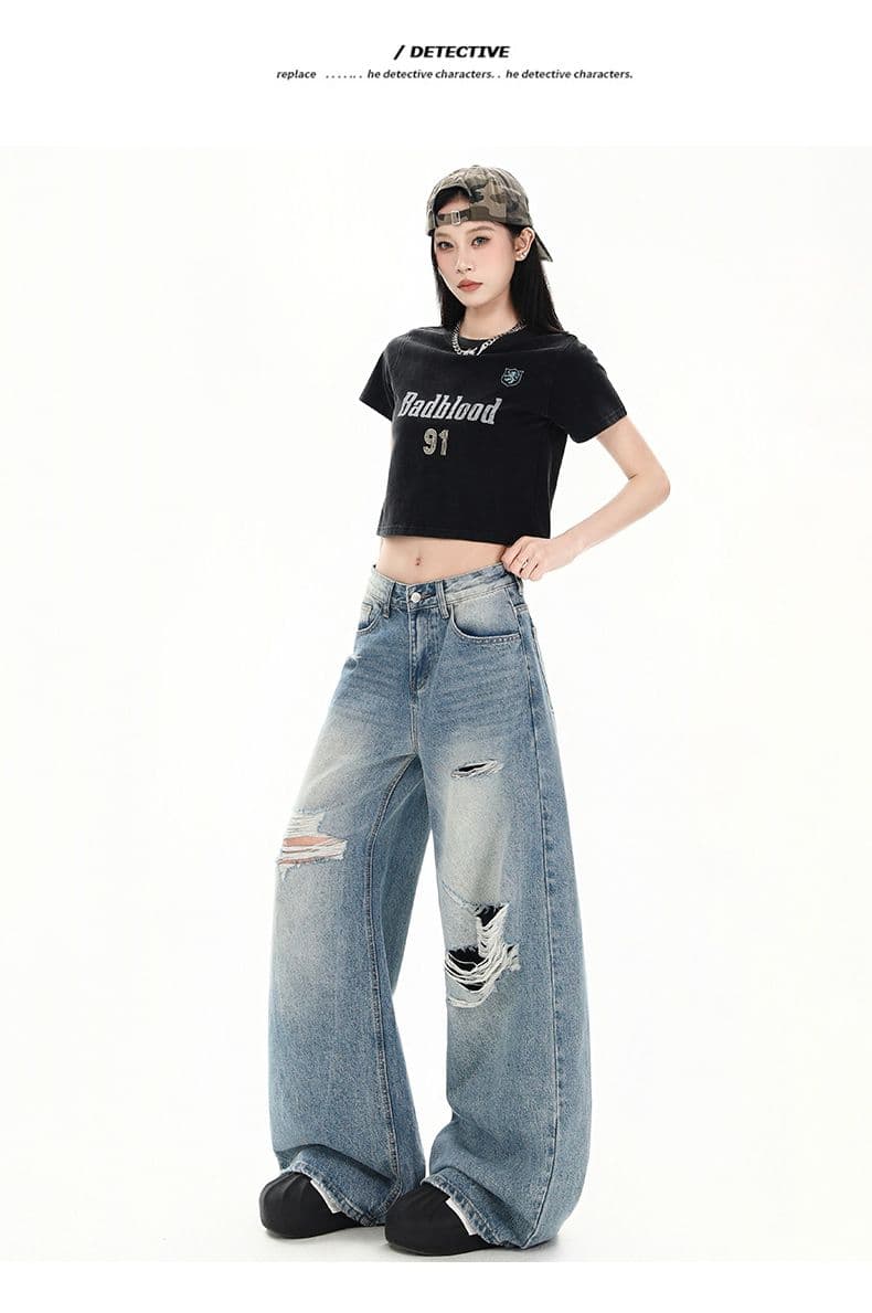 레트로 워싱 찢어진 부분 청바지 여성 루즈핏 워싱 스트레이트 팬츠 캐주얼 바닥 청소 바지 롱 바지 상세 이미지 13