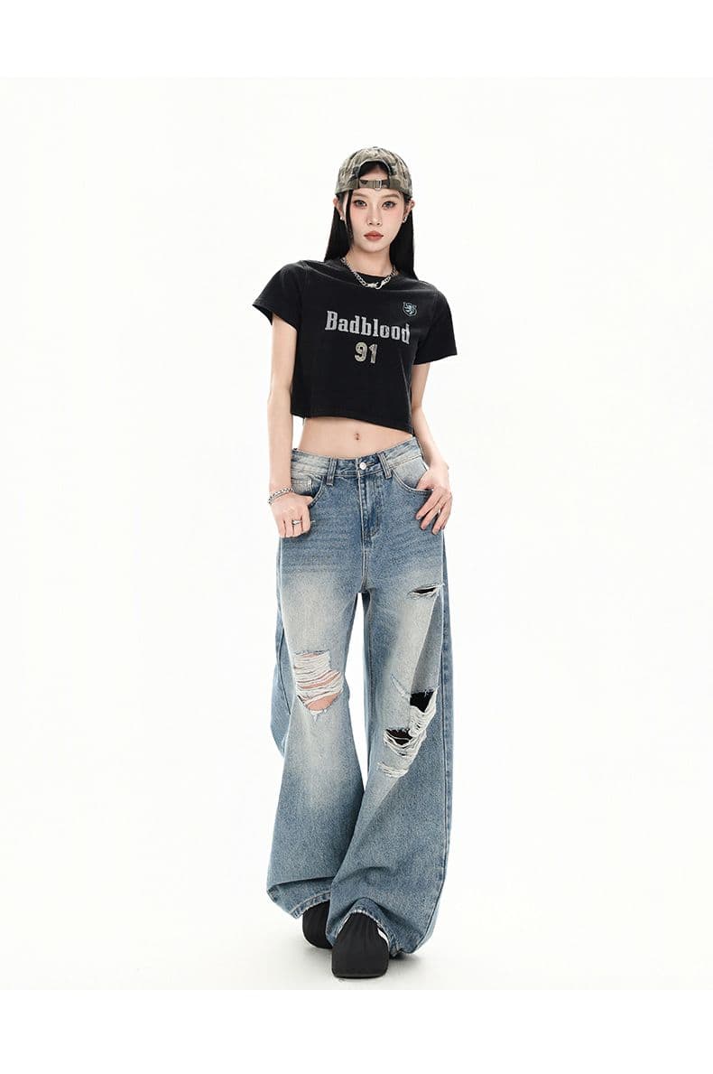 레트로 워싱 찢어진 부분 청바지 여성 루즈핏 워싱 스트레이트 팬츠 캐주얼 바닥 청소 바지 롱 바지 상세 이미지 14