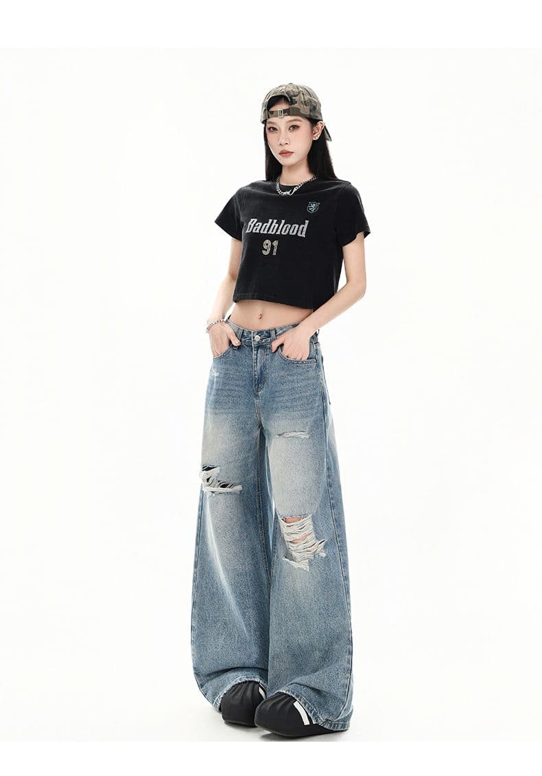 레트로 워싱 찢어진 부분 청바지 여성 루즈핏 워싱 스트레이트 팬츠 캐주얼 바닥 청소 바지 롱 바지 상세 이미지 20