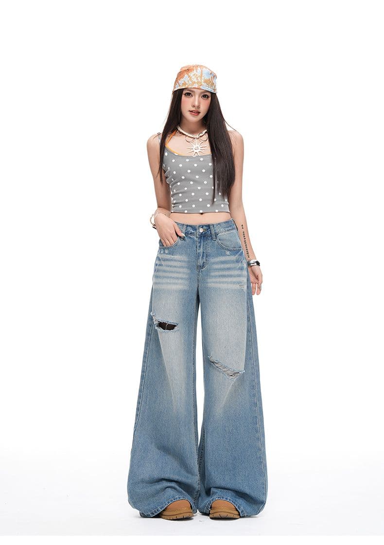 워싱 레트로 찢어진 부분 청바지 여성 루즈핏 슬림해 보이는 캐주얼 바지 바닥 청소 바지 롱 바지 상세 이미지 8