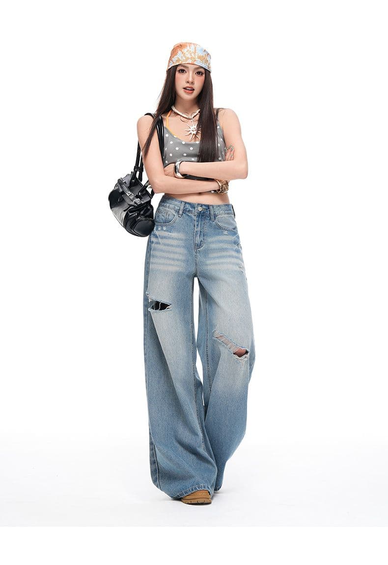 워싱 레트로 찢어진 부분 청바지 여성 루즈핏 슬림해 보이는 캐주얼 바지 바닥 청소 바지 롱 바지 상세 이미지 10