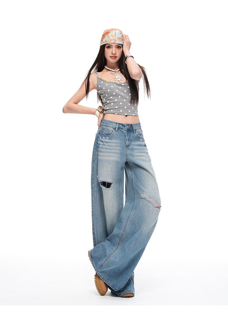 워싱 레트로 찢어진 부분 청바지 여성 루즈핏 슬림해 보이는 캐주얼 바지 바닥 청소 바지 롱 바지 상세 이미지 15