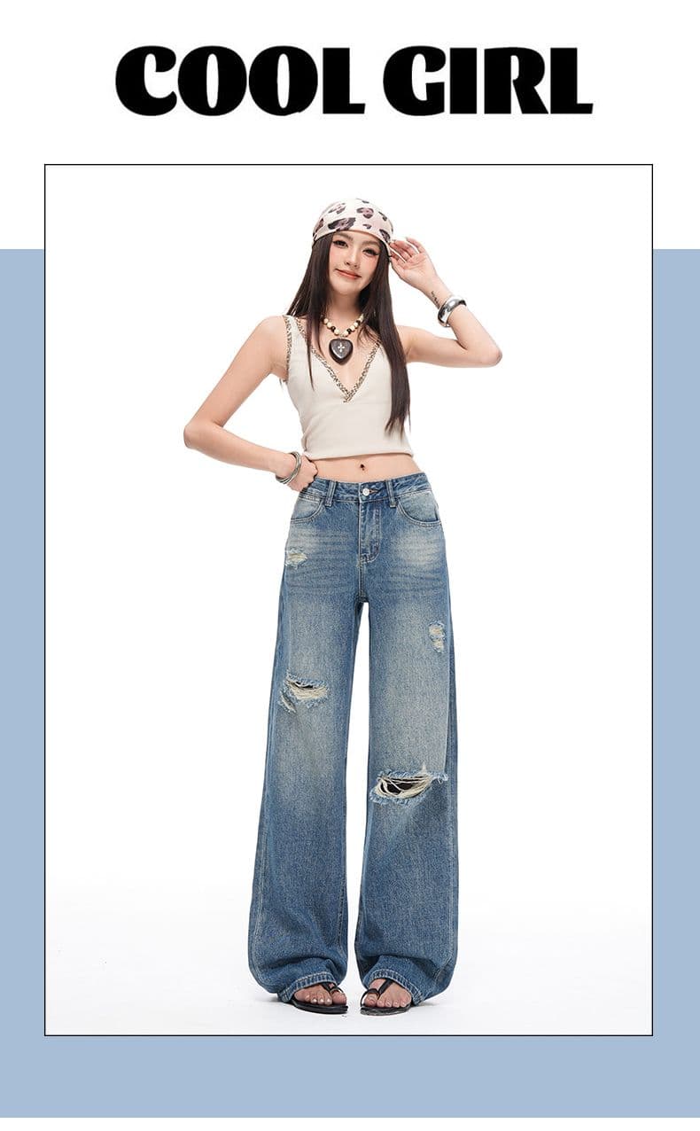 레트로 워싱 마 오래된 찢어진 부분 청바지 여성 루즈핏 하이웨이스트 슬림해 보이는 캐주얼 스트레이트 팬츠 롱 바지 상세 이미지 2