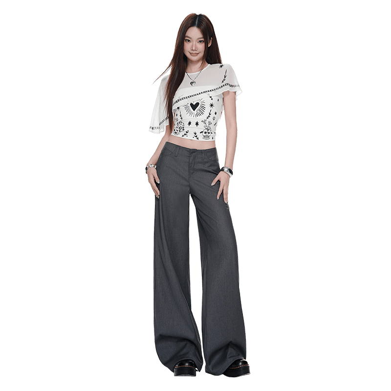 여름 새로운 자수 없음 허리 머리 디자인 차가운 센스 고급 회색 로우 웨이스트 도루 센스 스트레이트 캐주얼 바지 여성 이미지 2