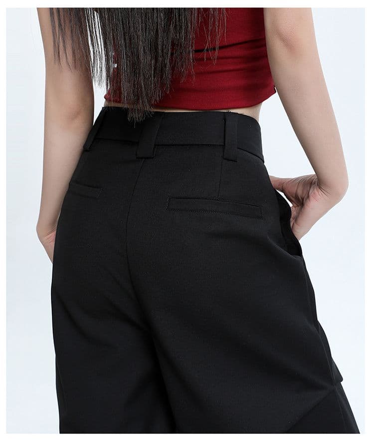 작은 대중 디자인 센스 높음 거리 검정색 주름 루즈핏 여름 캐주얼 넓은 다리 부츠컷 바닥 청소 워크웨어 팬츠 상세 이미지 18