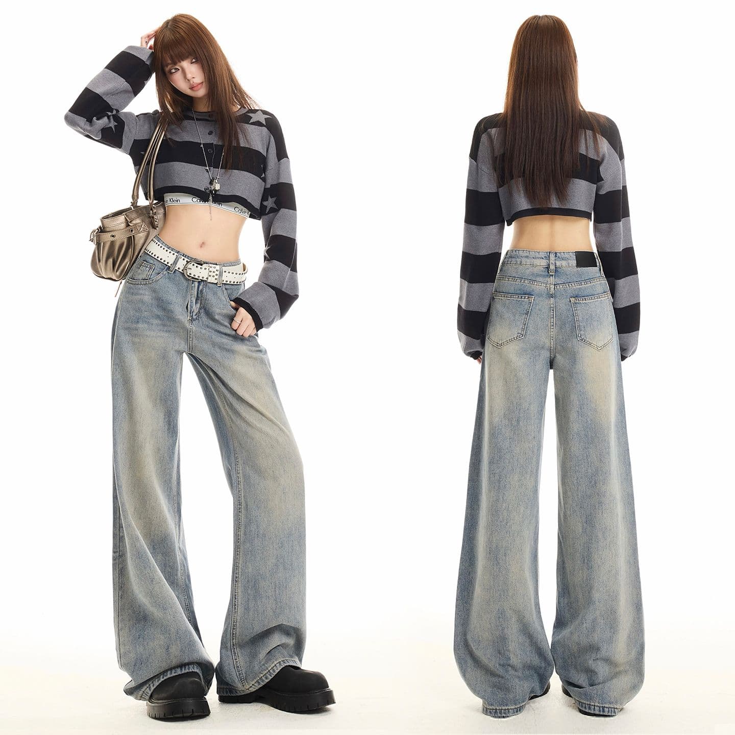 아메리칸 레트로 워싱 마 오래된 넓은 다리 청바지 여성 이미지 2