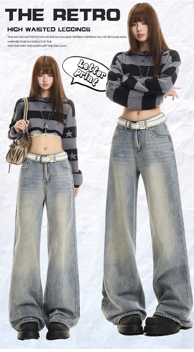 아메리칸 레트로 워싱 마 오래된 넓은 다리 청바지 여성 상세 이미지 2