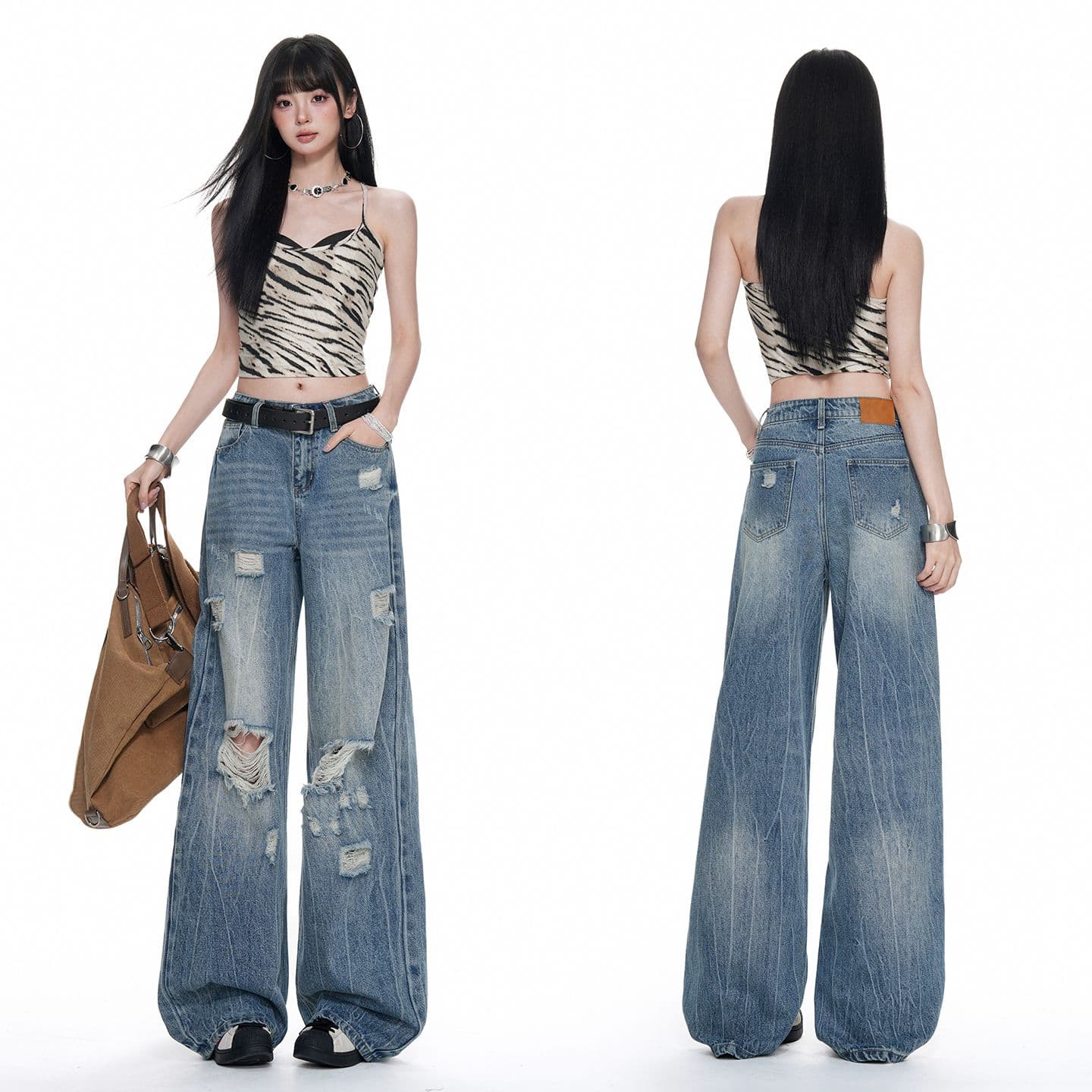 아메리칸 찢어진 부분 데님 레트로 루즈핏 워싱 스트레이트 넓은 다리 바닥 청소 바지 이미지 2