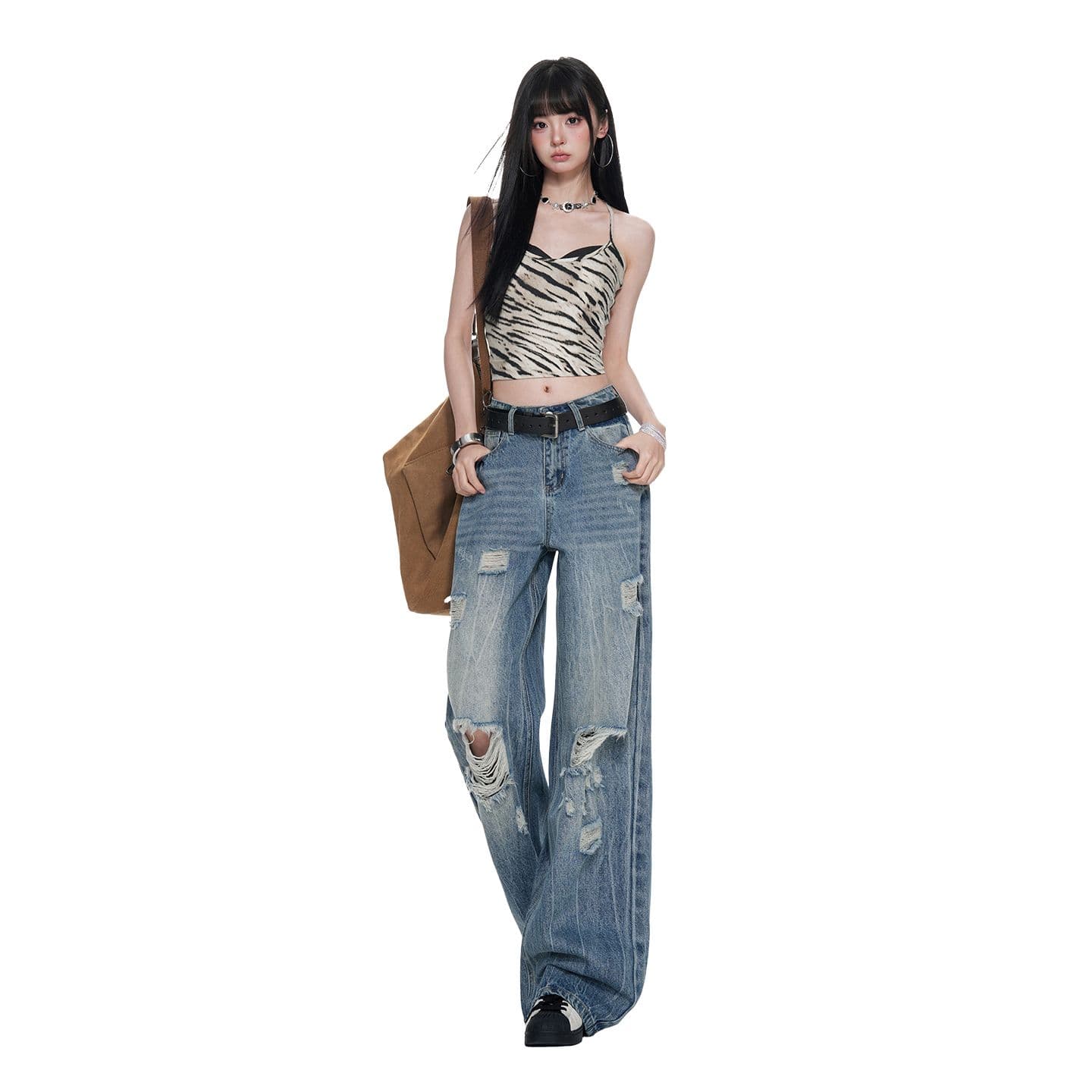 아메리칸 찢어진 부분 데님 레트로 루즈핏 워싱 스트레이트 넓은 다리 바닥 청소 바지 이미지 5