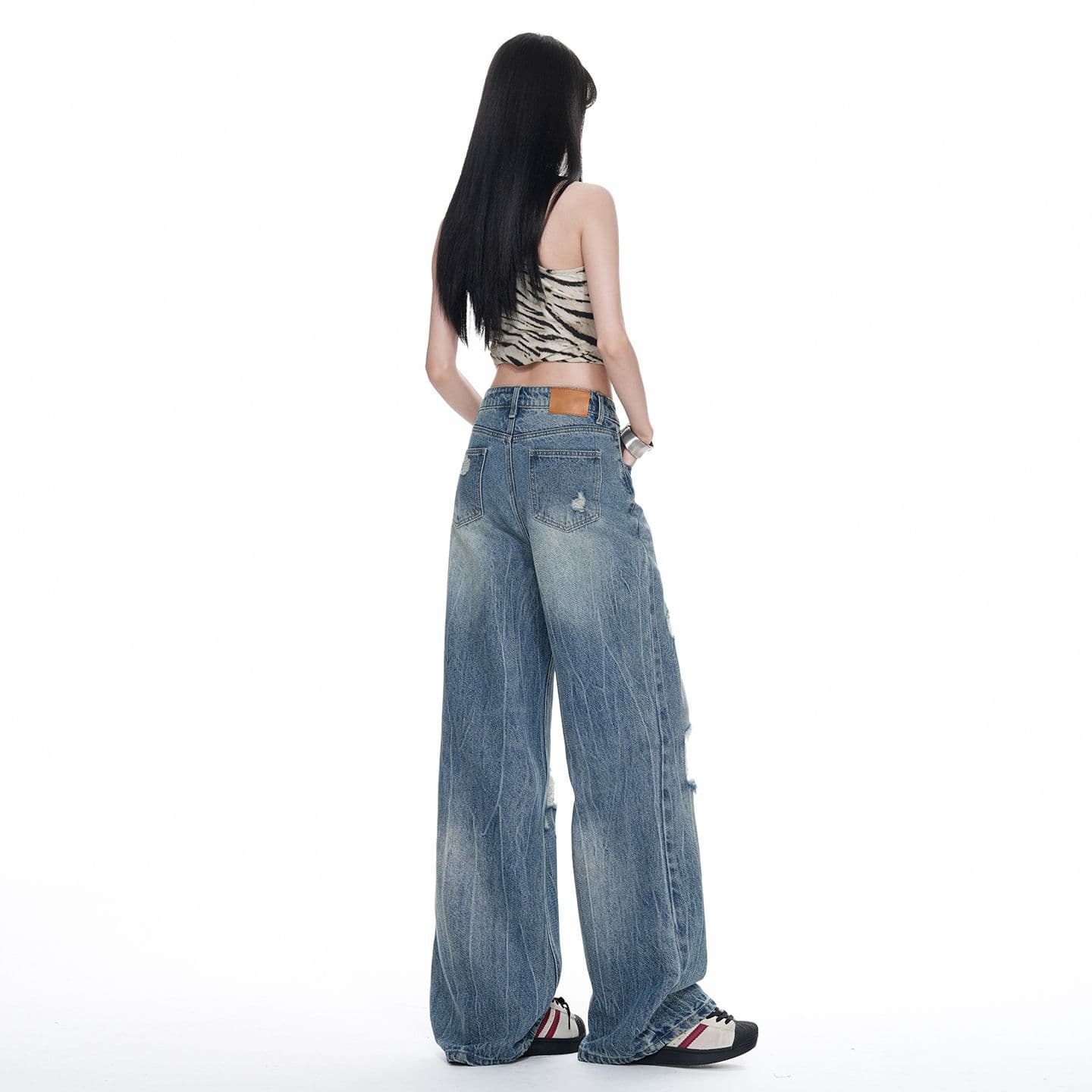 아메리칸 찢어진 부분 데님 레트로 루즈핏 워싱 스트레이트 넓은 다리 바닥 청소 바지 이미지 3