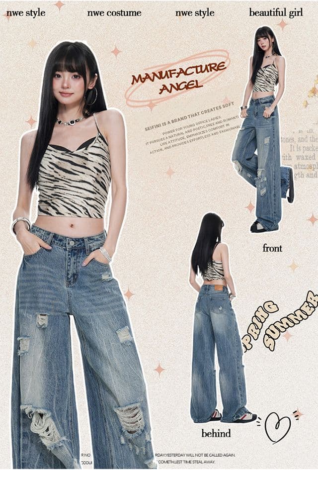 아메리칸 찢어진 부분 데님 레트로 루즈핏 워싱 스트레이트 넓은 다리 바닥 청소 바지 상세 이미지 1