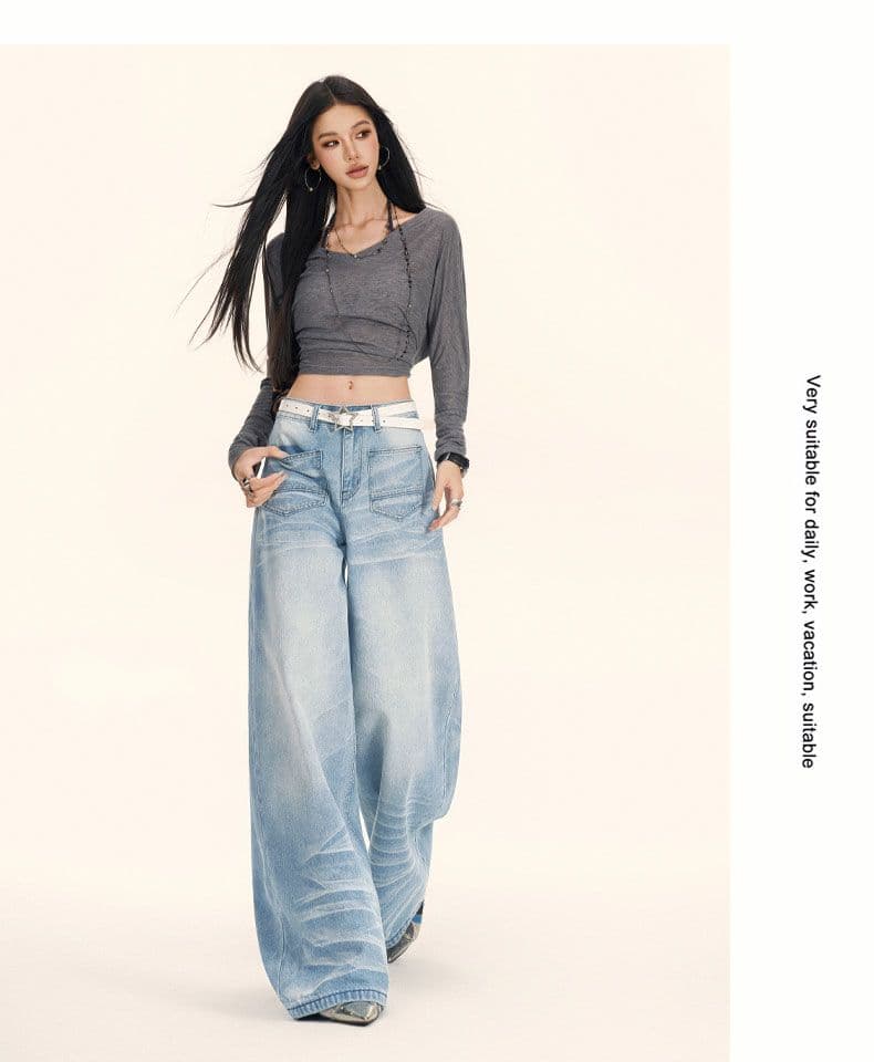 아메리칸 마 오래된 3 차원 고양이 반드시 플리츠 청바지 여성 넓은 다리 모통이 칼 바지 상세 이미지 12