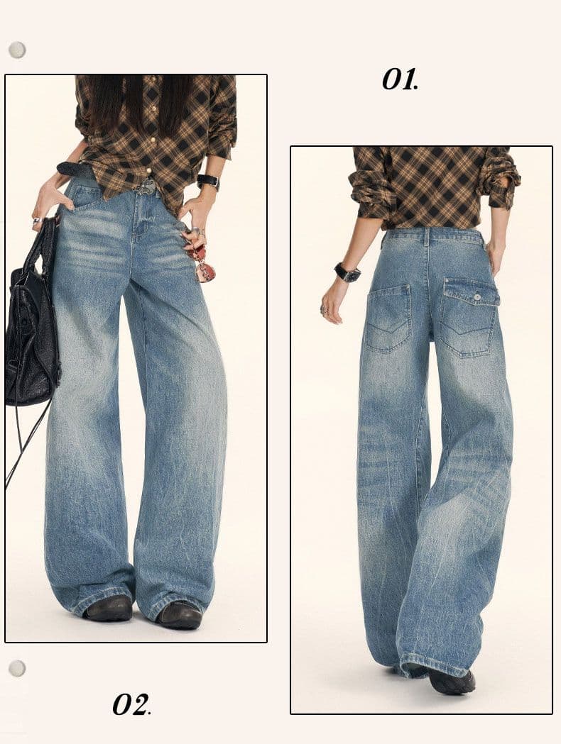 아메리칸 마 오래된 3 차원 고양이 반드시 플리츠 청바지 여성 넓은 다리 모통이 칼 바지 상세 이미지 4